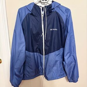 Columbia Blue Color Block Rain Jacket with Fleece Interior | Excellent Condition